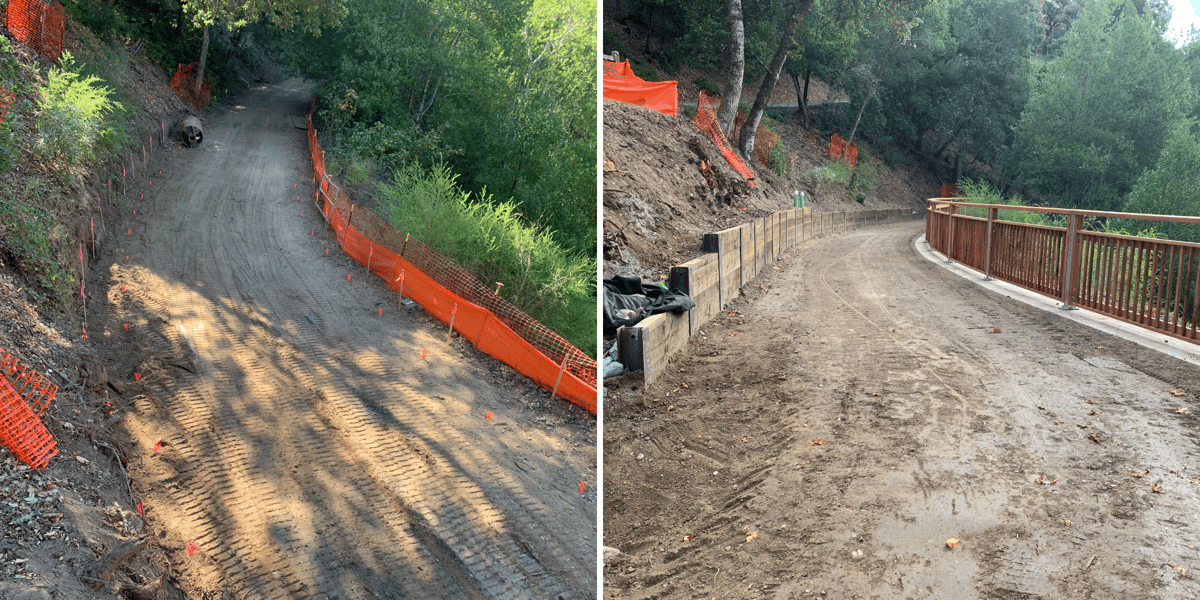 Alpine road trail before and after retaining wall installation (Z. Alexander)
