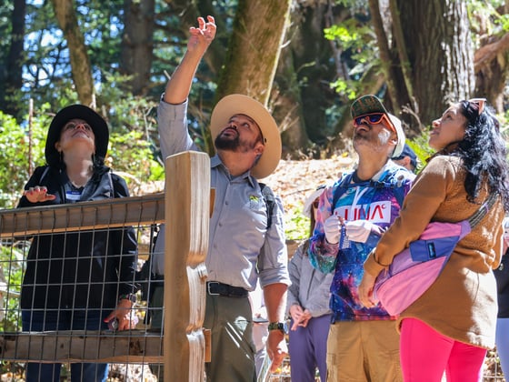 A Midpen ranger leading a Latino outdoors hike in El Corte de Madero Creek Preserve. 