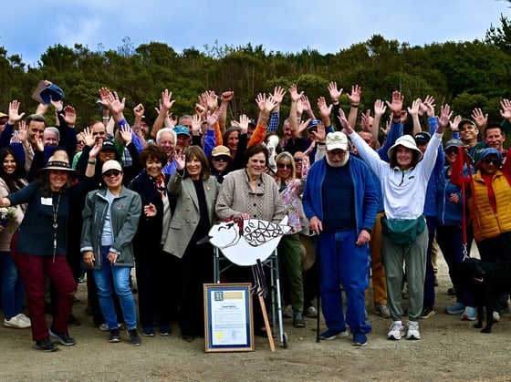 Attendees to Lennie Roberts' Trail Dedication Ceremony take a festive photo to remember the occasion
