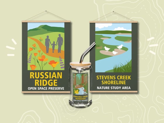 A poster featuring the Russian Ridge Preserve Icon, a poster featuring the Stevens Creek Shoreline Nature Study Area icon and a glass cup with the Purisima Creek Redwoods preserve icon printed on the surface