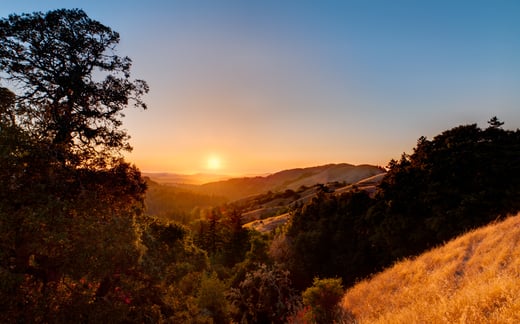 sunset over grassy hills