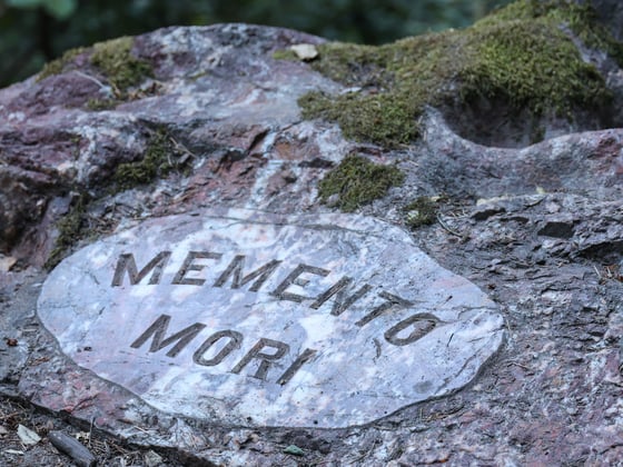 A rock with the words "Memento Mori" inscribed on it. 