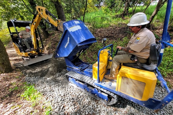 Midpen trail crew use machinery to construct the Thimbleberry Trail