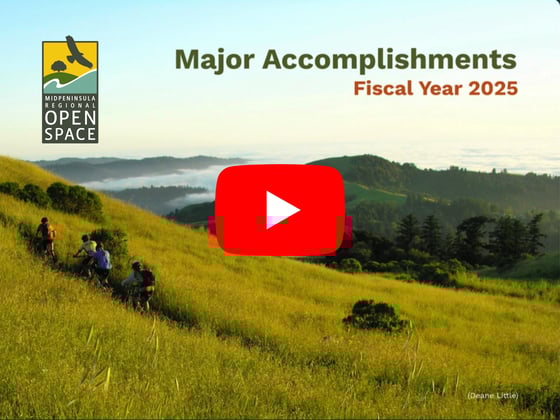 Thumbnail from a YouTube video showcasing Midpen's major accomplishments from fiscal year 2025. The background features bikers on a trail in a meadow